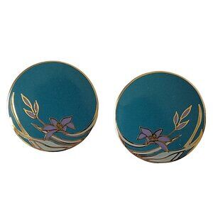 Laurel Burch Earrings "Wind Flowers" Teal Purple Green Enamel Over Gold Tone